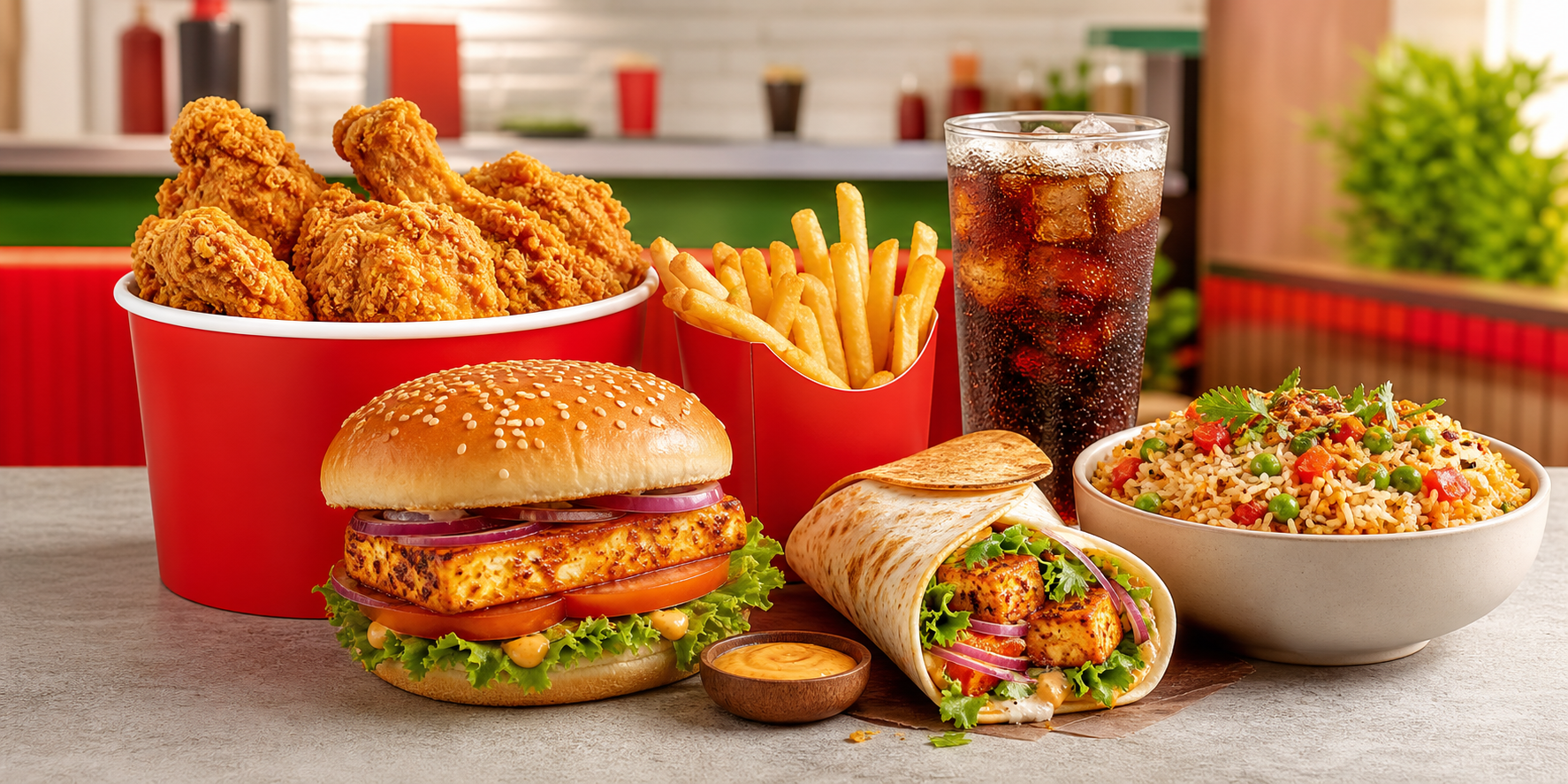 Rads Everyday crispy chicken, burgers, wraps, rice bowls, fries and drinks